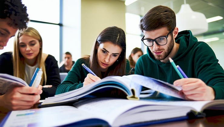 Finance students studying with Michael Hlinka Education materials