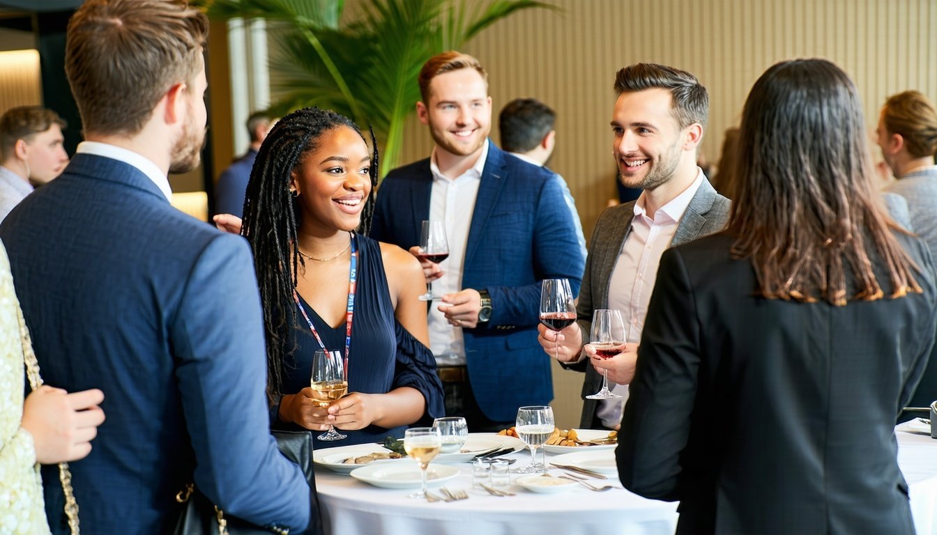 Finance professionals networking at an alumni event